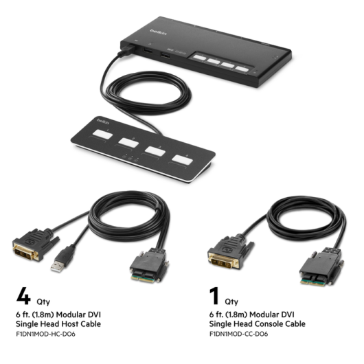 Belkin 4-Port Single Head DVI Modular Secure KVM Switch PP4.0 W/ Remote | F1DN104MOD-DD-4