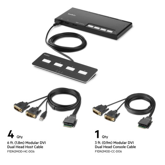 Belkin 4-Port Dual Head DVI Modular Secure KVM Switch PP4.0 W/ Remote | F1DN204MOD-DD-4